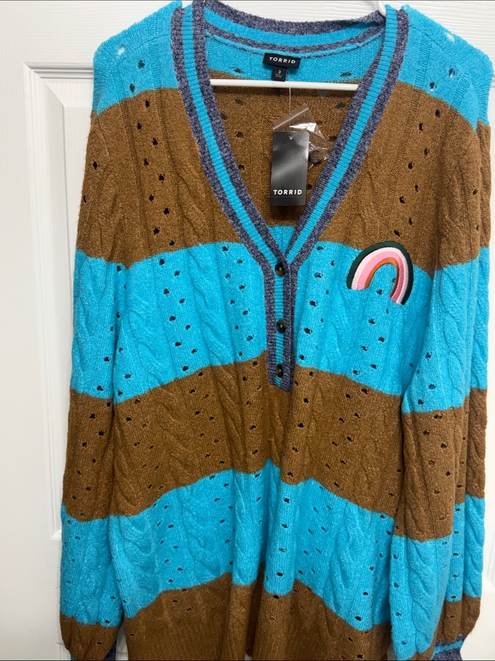 Torrid NWT Size 3 Blue Brown Striped Rainbow Patch Distressed Henley Sweater